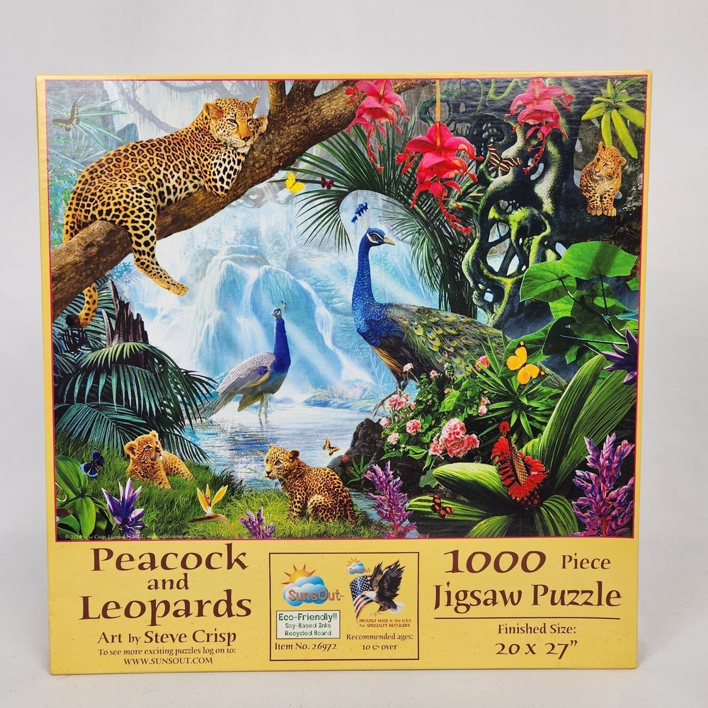 Sunsout 1000 Pc Jigsaw Puzzle "Peacock and Leopards" by Steve Crisp 20"x27"‎